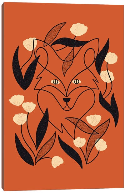 Floral Fox Canvas Art Print - Minimalist Flowers