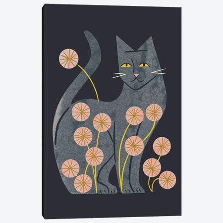 Gray Cat And Flowers Canvas Print #RNT33} by Renea L. Thull Art Print