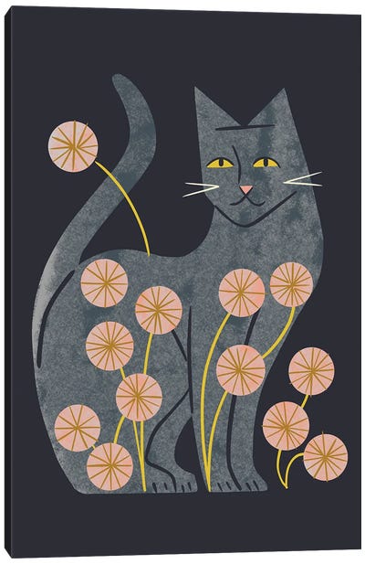 Gray Cat And Flowers Canvas Art Print - Mid-Century Modern Animals