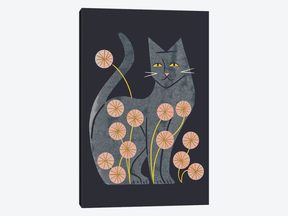 Gray Cat And Flowers by Renea L. Thull 1-piece Canvas Art
