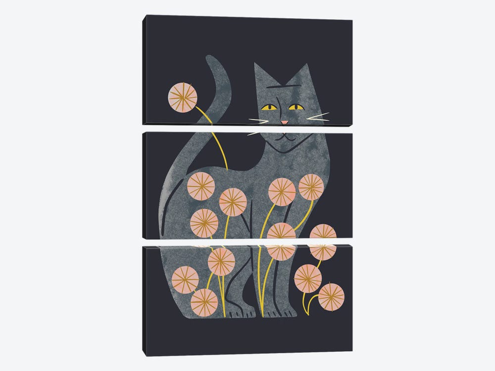 Gray Cat And Flowers by Renea L. Thull 3-piece Canvas Wall Art