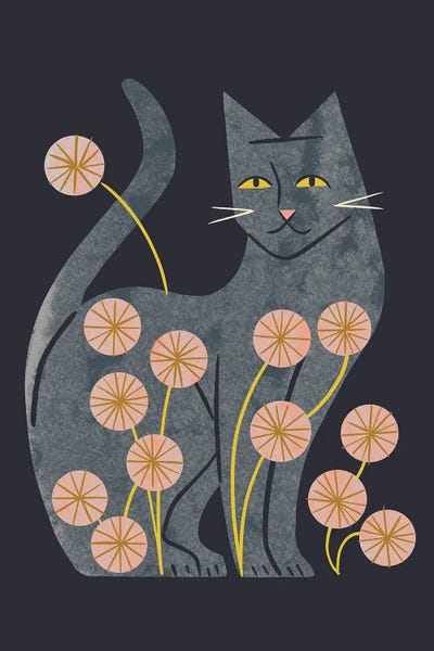 Mid-Century Modern Animals: Gray Cat And Flowers by Renea L. Thull