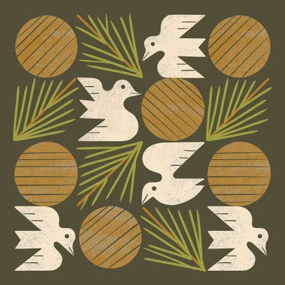 Pine Forest Doves Grid (Olive Green) by Renea L. Thull metal wall art