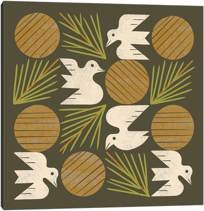 Pine Forest Doves Grid (Olive Green) Canvas Art Print - Dove & Pigeon Art