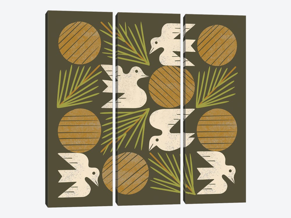 Pine Forest Doves Grid (Olive Green) by Renea L. Thull 3-piece Canvas Wall Art