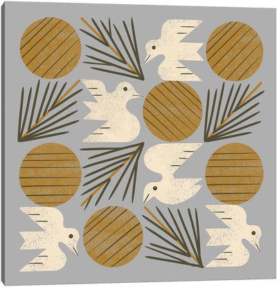 Pine Forest Doves Grid (Silver) Canvas Art Print - Dove & Pigeon Art