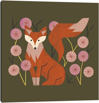 Shy Fox And Wildflowers Canvas Art Print - Mid-Century Modern Animals