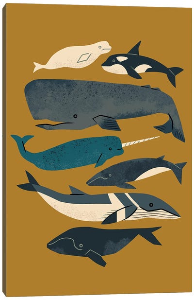 Whales Ahoy (Ochre) Canvas Art Print - Narwhal Art