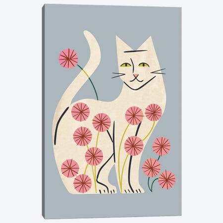 White Cat And Flowers Canvas Print #RNT84} by Renea L. Thull Canvas Print
