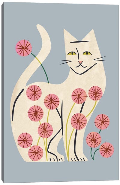 White Cat And Flowers Canvas Art Print - Renea L. Thull