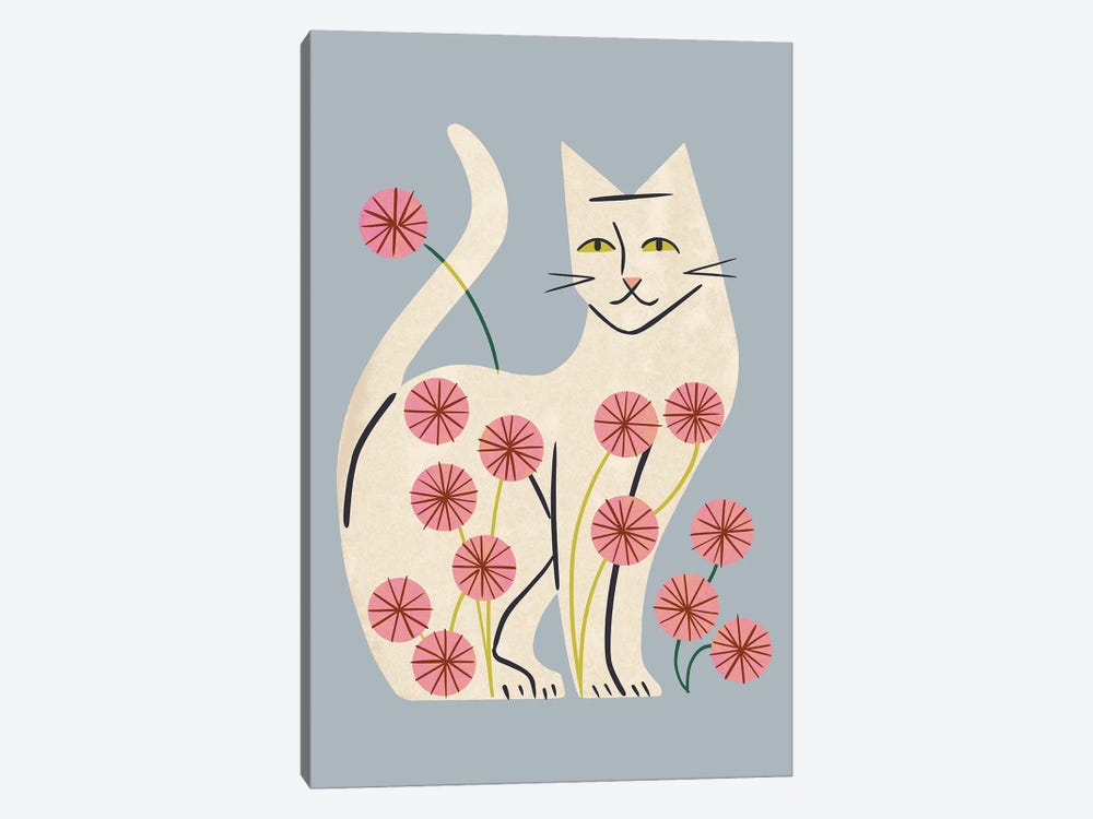 White Cat And Flowers by Renea L. Thull 1-piece Canvas Artwork