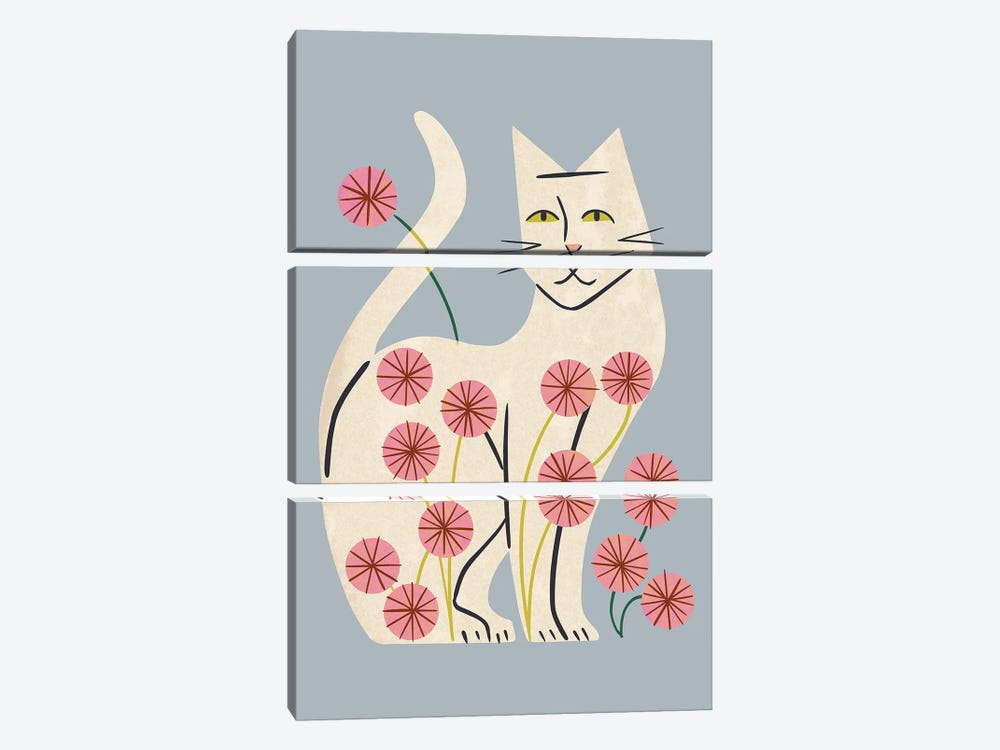 White Cat And Flowers by Renea L. Thull 3-piece Canvas Wall Art