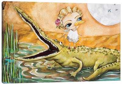 A Girl And Her Gator Canvas Art Print - Reptile & Amphibian Art
