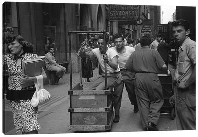 Charles James Story Men Pushing Carts (NYC, 1949) Canvas Art Print - Ruth Orkin