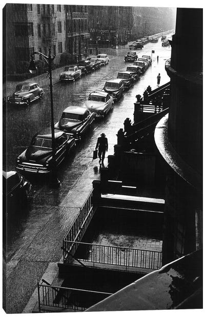 Man In Rain (NYC, 1952) Canvas Art Print - Black & White Photography