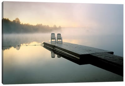 Chairs On A Dock, Algonquin Provincial Park, Ontario, Canada Canvas Art Print - Mist & Fog Art