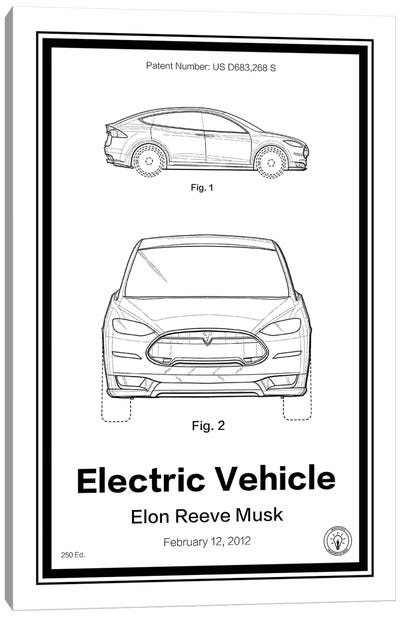 Tesla Canvas Art Print - Automobile Blueprints