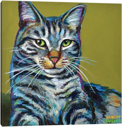 Striped Tabby on Green Canvas Art Print - Tabby Cat Art