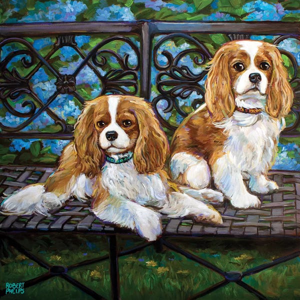 Robert Phelps: Cavalier King Charles Spaniels In The Garden by Robert Phelps