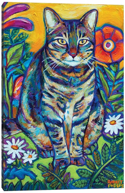 Garden Cat Canvas Art Print - Tabby Cat Art