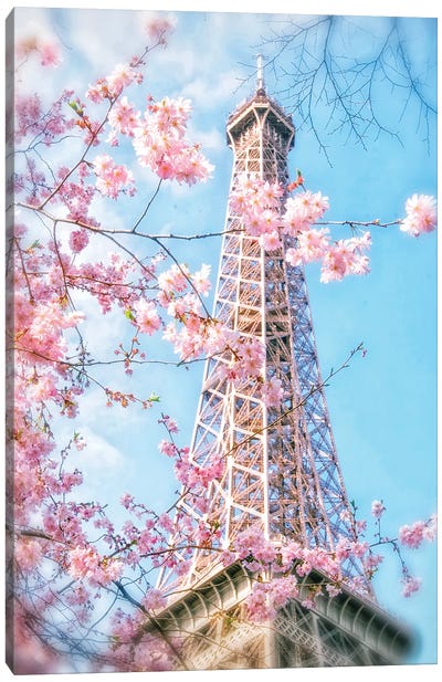 Eiffel Tower Pink Blossoms Canvas Art Print - Hyperreal Photography