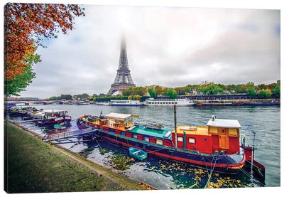 Red House Boat By The Seine River Paris Canvas Art Print - Rose Palmisano