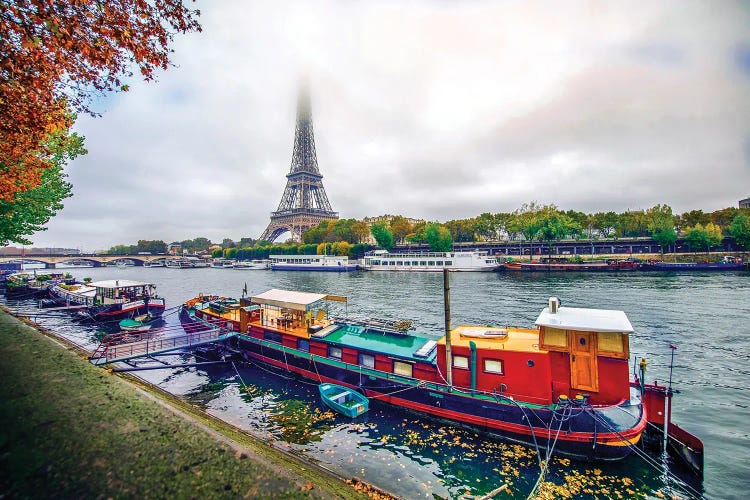 Red House Boat By The Seine River Paris