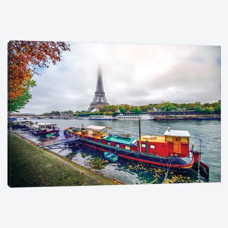 Red House Boat By The Seine River Paris Canvas Print #RPM2} by Rose Palmisano Canvas Wall Art