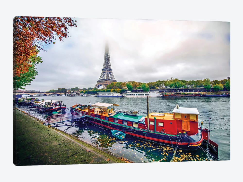 Red House Boat By The Seine River Paris by Rose Palmisano 1-piece Canvas Print