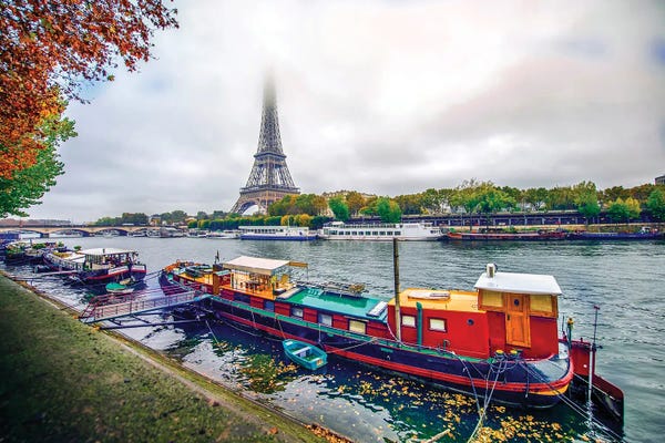Rose Palmisano: Red House Boat By The Seine River Paris by Rose Palmisano