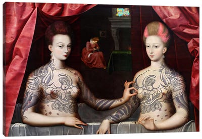 Portrait présumé de Gabrielle d'Estrées et de sa soeur la duchesse de Villars -Two Sisters with Fu Dog Tattoo  Canvas Art Print - Female Nude Art