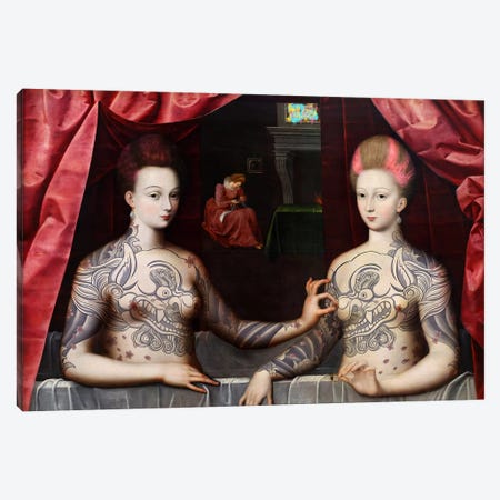 Portrait présumé de Gabrielle d'Estrées et de sa soeur la duchesse de Villars -Two Sisters with Fu Dog Tattoo  Canvas Print #RRX12} by 5by5collective Canvas Artwork