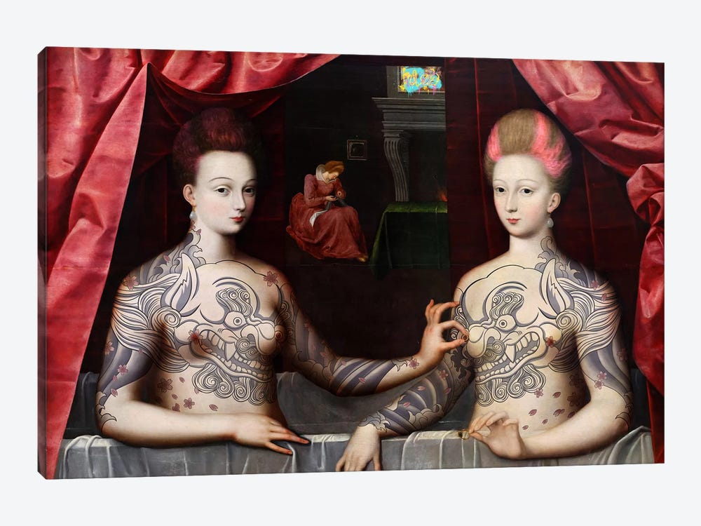 Portrait présumé de Gabrielle d'Estrées et de sa soeur la duchesse de Villars -Two Sisters with Fu Dog Tattoo  by 5by5collective 1-piece Canvas Wall Art
