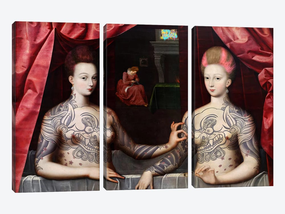 Portrait présumé de Gabrielle d'Estrées et de sa soeur la duchesse de Villars -Two Sisters with Fu Dog Tattoo  by 5by5collective 3-piece Canvas Wall Art