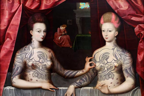 Prints Charming: Portrait présumé de Gabrielle d'Estrées et de sa soeur la duchesse de Villars -Two Sisters with Fu Dog Tattoo  by 5by5collective