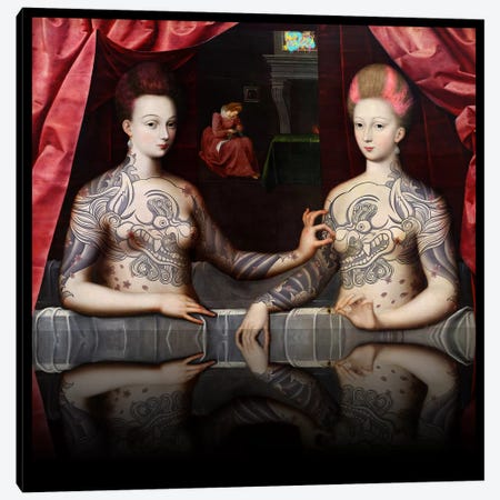 Portrait présumé de Gabrielle d'Estrées et de sa soeur la duchesse de Villars -Two Sisters with Fu Dog Tattoo Pink and Blue Canvas Print #RRX13} by 5by5collective Canvas Art