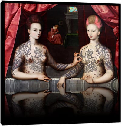 Portrait présumé de Gabrielle d'Estrées et de sa soeur la duchesse de Villars -Two Sisters with Fu Dog Tattoo Pink and Blue Canvas Art Print - Renaissance ReDux