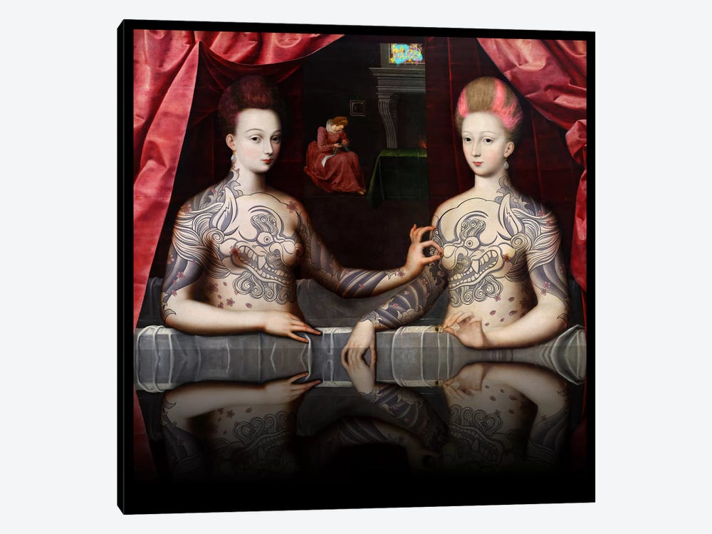 Portrait présumé de Gabrielle d'Estrées et de sa soeur la duchesse de Villars -Two Sisters with Fu Dog Tattoo Pink and Blue by 5by5collective 1-piece Canvas Print