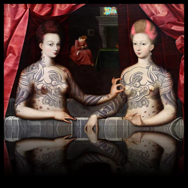 5by5collective: Portrait présumé de Gabrielle d'Estrées et de sa soeur la duchesse de Villars -Two Sisters with Fu Dog Tattoo Pink and Blue by 5by5collective