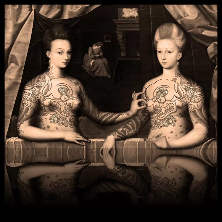 Portrait présumé de Gabrielle d'Estrées et de sa soeur la duchesse de Villars -Two Sisters with Fu Dog Tattoo Sepia