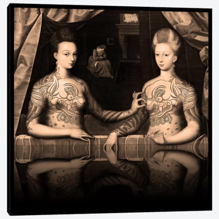 Portrait présumé de Gabrielle d'Estrées et de sa soeur la duchesse de Villars -Two Sisters with Fu Dog Tattoo Sepia Canvas Print #RRX14} by 5by5collective Art Print
