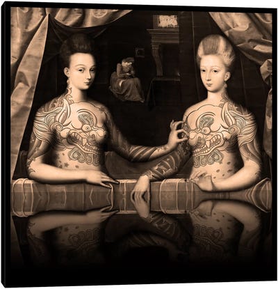 Portrait présumé de Gabrielle d'Estrées et de sa soeur la duchesse de Villars -Two Sisters with Fu Dog Tattoo Sepia Canvas Art Print - Renaissance ReDux