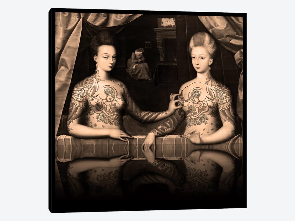 Portrait présumé de Gabrielle d'Estrées et de sa soeur la duchesse de Villars -Two Sisters with Fu Dog Tattoo Sepia by 5by5collective 1-piece Canvas Artwork