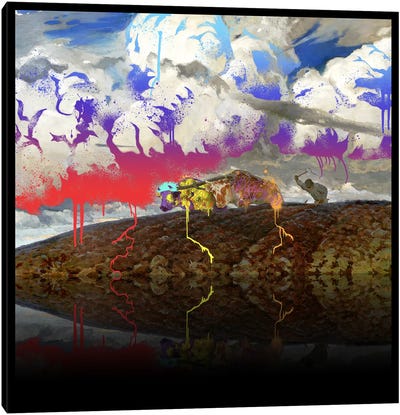Soil -The Two Cows Plowing Soil Red, Blue, and Purple Canvas Art Print - Renaissance ReDux