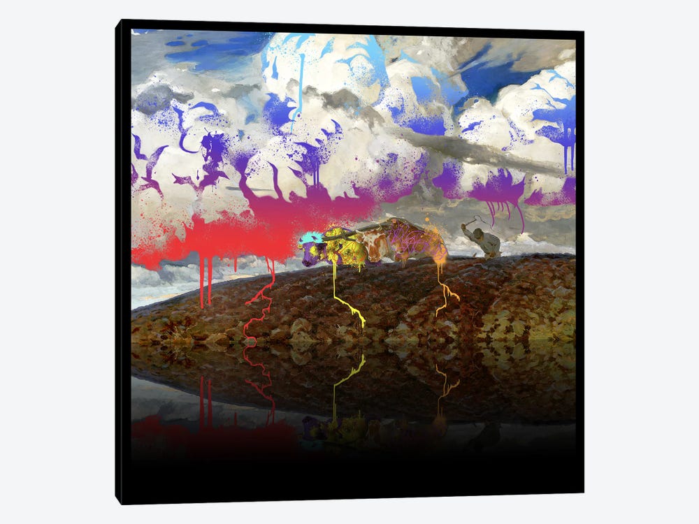 Soil -The Two Cows Plowing Soil Red, Blue, and Purple by 5by5collective 1-piece Canvas Print