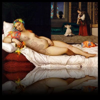 Venus of Urbino -The Lady waiting to be Dressed Red and Yellow by 5by5collective canvas print