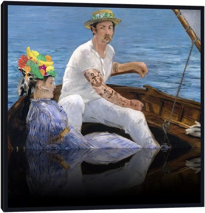 Boating - A Couple Sailing on the Boat Green, Blue, and Yellow Canvas Art Print - Fashion Art