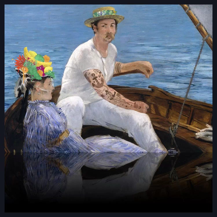 Boating - A Couple Sailing on the Boat Green, Blue, and Yellow by 5by5collective wall art