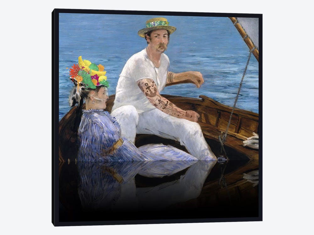 Boating - A Couple Sailing on the Boat Green, Blue, and Yellow by 5by5collective 1-piece Canvas Art