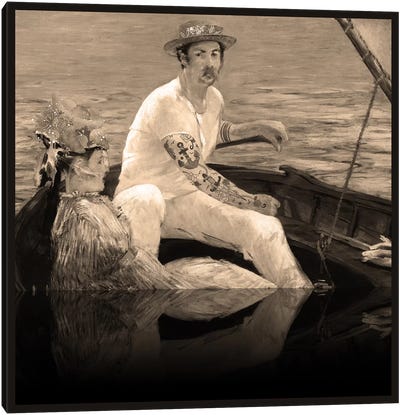 Boating - A Couple Sailing on the Boat Sepia Canvas Art Print - Portrait Art